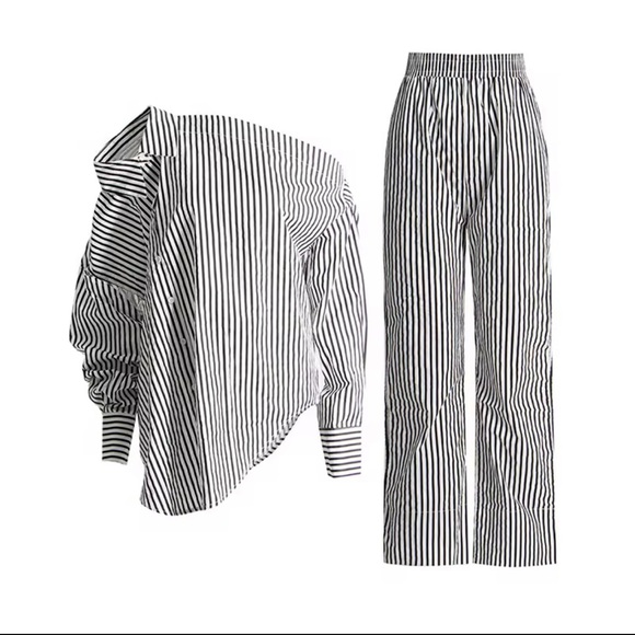 Striped Black and White Women's two piece set - Picture 2 of 5